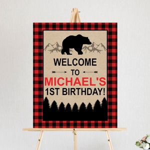 Lumberjack Birthday Welcome Sign Welcome Poster Birthday Decorations Buffalo Plaid Wild One Digital File A62