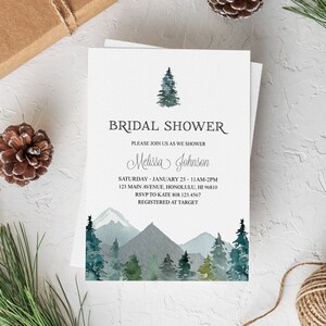 Mountains Bridal Shower Invitation Outdoor Theme Forest Trees Adventure Mountain Bridal Shower Wedding Shower Personalized Invitation B96 image 4