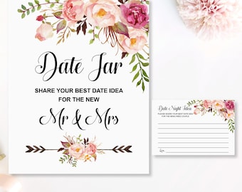 Biglietti d'auguri per la festa della sposa con fiori rosa, stampabili, attività per la festa della sposa in stile bohémien 0154
