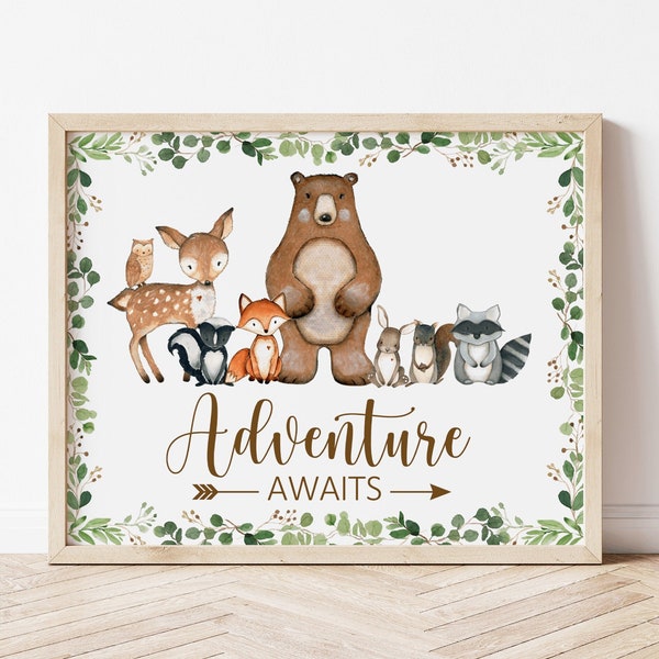 Woodland Adventure Awaits Sign Woodland Baby Shower Sign Woodland Nursery Decor Printable NOT Editable 0120