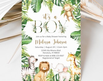 Invitación editable de safari para baby shower. Plantilla de invitación de animales de la selva para niño (Corjl 0127)