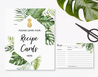 Recipe Cards Hawaiian Luau Bridal Shower Tropical Bridal Shower Recipe Sign & Cards Printable NOT Editable B82
