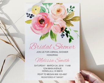 Bridal Shower Invitation Wedding Shower Invitation Blush Pink Floral Personalized Printable Invite B58
