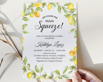 She Found Her Main Squeeze Invitation Lemon Bridal Shower Invitation Citrus Summer Lemonade Theme Personalized Printable B5