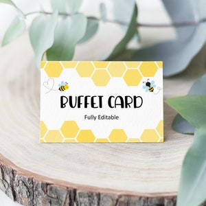Bumble Bee Cartão de comida de buffet editável Etiqueta de comida Mesa Tenda Cartão Placa de comida Modelo de cartão de lugar Corjl A92 C61