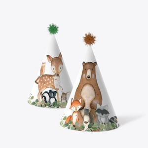 PRINTABLE Party Hats Woodland Animals Forest Party Woodland Birthday Decor Wild One Birthday Party Decorations  0120