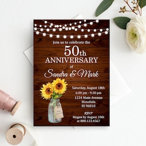 Faire-part d'anniversaire de mariage tournesol rustique toute année 10, 25, 30, 40, fichier d'invitation imprimable personnalisé W10