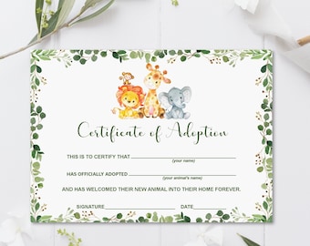 Safari Animal Adoption Certificate, Jungle Birthday Party Activity Card, Adopt a Pet Printable PDF File Instant Download 0128