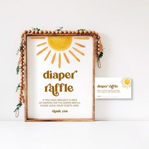 Boletos para la rifa de pañales Sun Baby Shower y letrero Aquí viene el hijo Boho Eres mi juego Sunshine Baby Shower Imprimible NO editable 0118