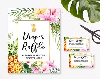 Diaper Raffle Cards and Sign Tropical Baby Shower Game Tropical Floral Hawaii Luau Baby Shower Game Printable NOT Editable C74