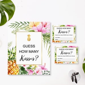 Guess How Many Kisses Are In The Jar Tropical Bridal Shower Game Sign & Cards Printable Hawaiian Luau Bridal Shower NOT Editable B74