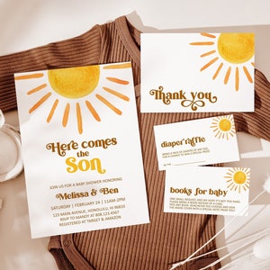 Bewerkbare Sun Baby Shower Uitnodiging Bundel Here Comes The Son Babyshower Retro Babyshower Bundelsjabloon Corjl 0118