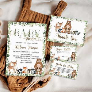 Ensemble d'invitations modifiable pour baby shower dans les bois, modèle d'invitation de baby shower de forêt d'animaux de la forêt, Corjl 0120