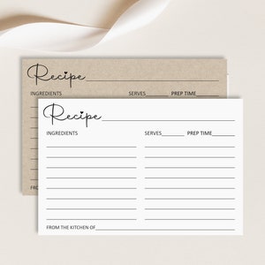 May include: A printable recipe card with the word 'Recipe' written in cursive at the top. The card has lines for writing the ingredients, serves, prep time, and from the kitchen of. The card is white with black lines and text.