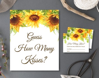 Guess How Many Kisses Are In The Jar Game Sign & Cards Sunflower Bridal Shower Game Printable NOT Editable B79
