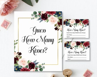 Guess How Many Kisses In The Jar Burgundy Bridal Shower Game Sign & Cards Printable Navy Blush Pink Floral NOT Editable B81