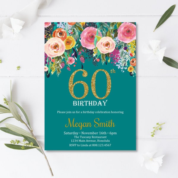 60th Birthday Invite for Women Surprise Birthday Invitation Wildflowers Floral Gold Glitter A15