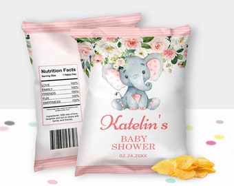 Editable Chip Bag Label Wrapper Pink Elephant Baby Shower Girl Elephant Little Peanut Baby Shower Favors Template Printable Corjl 0121