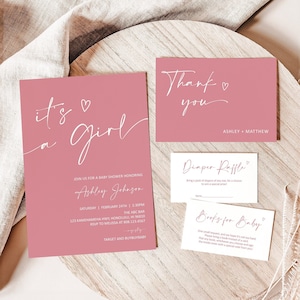 Editable Pink Baby Shower Invitation Set It&#39;s A Girl Invitation Minimalist Boho Baby Shower Invite Template Printable Corjl 0122