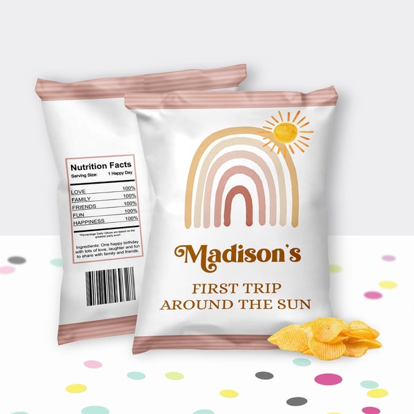 Editable Rainbow and Sun Chip Bag Label Sunshine Party Favors 1oz Snack Bag Wrapper Printable Template Corjl 0118