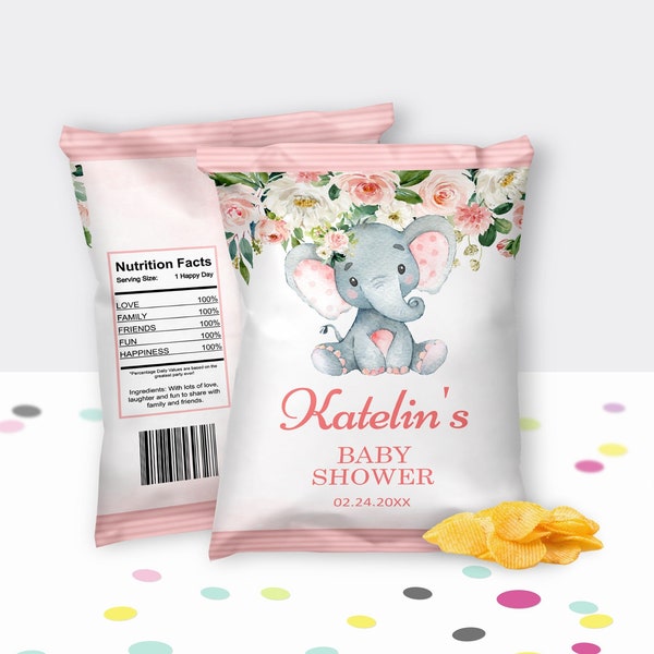 Editable Chip Bolsa Etiqueta Envoltura Elefante Rosa Baby Shower Niña Elefante Pequeño Maní Baby Shower Favores Plantilla Imprimible Corjl 0121