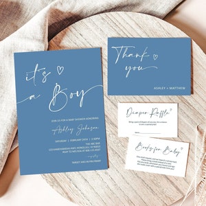 Editable Boy Baby Shower Invitation Bundle  Boho Blue It&#39;s a Boy Invite Minimalist Baby Shower Invitation Template Corjl 0122