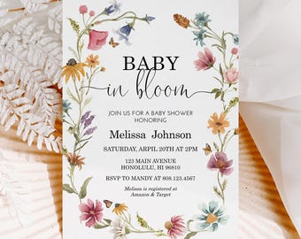 Invito per baby shower "Baby in Bloom" con motivo floreale selvatico, modificabile, in formato digitale (Cojl 0123).