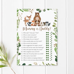 Mommy or Daddy Game Woodland Baby Shower Game Greenery Woodland Animals Baby Shower Forest Animals Game Printable NOT Editable 0120