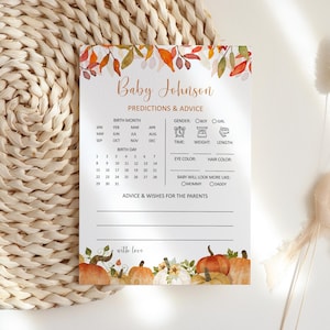Tarjeta de predicciones y consejos para baby shower de otoño. Tarjeta de predicciones para bebés. Juego de baby shower de calabaza. NO editable. 0117