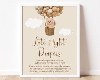 Teddy Bear Late Night Diapers Sign Hot Air Balloon Bear Baby Shower Activity Game Sign Printable We Can Bearly Wait NOT Editable C14