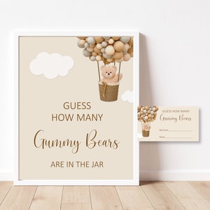 Bear Guess How Many Gummy Bears Game We Can Bearly Wait Teddy Bear Baby Shower Game Printable Brown Bear Hot Air Balloon NOT Editable C14