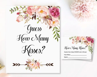 Boho Pink Floral How Many Kisses In The Jar Bridal Shower Game Sign & Cards Printable Bohemian Bridal Shower Game NOT Editable B54