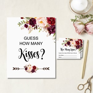 Signe de jeu de douche nuptiale combien de baisers dans le pot bordeaux & cartes imprimables floral marsala rose bordeaux non modifiable B61