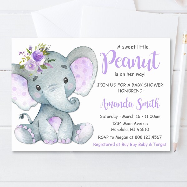 Little Peanut Baby Shower Invitation Girl Elephant Baby Shower Invitation Pastel Purple Floral Baby Shower Invite Digital File C67