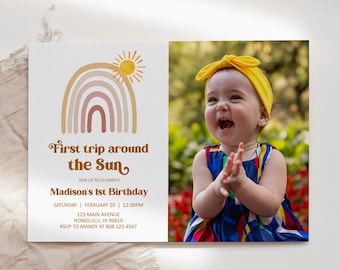 Editable First Trip Around The Sun Birthday Invitation Boho Rainbow Sunshine Girl 1st 2nd 3rd Invite Printable Invite Template Corjl 0118