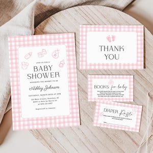 Editable Pink Gingham Baby Shower Invitation Template, Modern Hand Drawn Doodle, Printable Baby Boy Shower Invite Corjl 0159