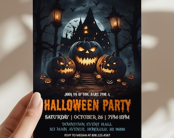 Editable Halloween Invitation Costume Party Invite Printable Template Spooky Pumpkins Haunted House, Corjl 0126