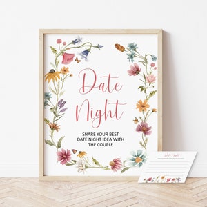 Tarjeta de noche de fecha de flores silvestres Tarjeta de ideas de noche de fecha de recién casados y signo de despedida de soltera de flores silvestres Fiesta de té del jardín Ducha nupcial NO editable 0123