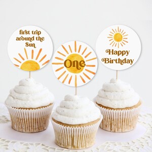 Sun Birthday Cupcake Toppers First Trip Around The Sun Birthday Here Comes The Sun Retro 1st Birthday Party Printable  0118