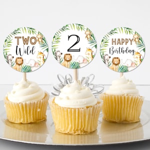Two Wild Cupcake Toppers Safari Birthday Jungle Zoo Animals 2nd Birthday Party Decorations Printable Toppers NOT Editable A95