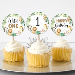 Wild One Cupcake Toppers Safari Birthday Jungle Zoo Animals First Birthday Party Decorations Printable Toppers NOT Editable A95