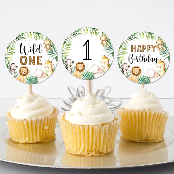 Wild One Cupcake Toppers Safari Birthday Jungle Zoo Animals First Birthday Party Decorations Printable Toppers NOT Editable A95