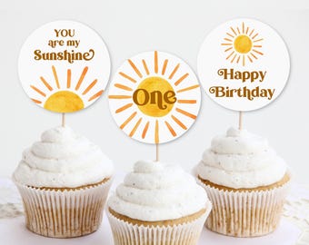 Sunshine Birthday Cupcake Toppers Little Sunshine 1st Birthday Boho You Are My Sunshine Birthday Party Decor Printable  0118