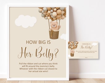 Brown Teddy Bear How Big Is Her Belly Game Hot Air Balloon We Can Bearly Wait Baby Shower Mommy's Belly Size Game Printable NOT Editable C14