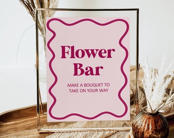 Flower Bar Sign Pink Bridal Shower Wavy Bridal Shower Pink and Red Modern Bridal Shower Sign Printable NOT Editable B1