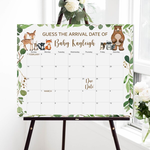 Woodland Baby Due Date Kalender Woodland Baby Shower Spiel Errate des Geburtstagsvorhersage-Spiel Fälligkeitsdatums-Spiel Printable 0120