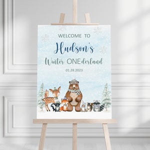 CUSTOM Winter ONEderland Birthday Welcome Sign Winter Woodland Birthday Boy Forest Animal Birthday Party Decor Printable Sign 0119