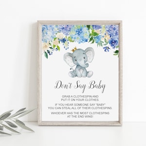 Elephant Baby Shower Don&#39;t Say Baby Game Sign Clothespins Game Boy Elephant Baby Shower Game Printable NOT Editable C77