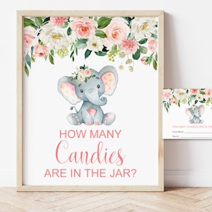 Indovina quante caramelle ci sono nel barattolo Gioco per baby shower con elefante Gioco di indovinelli con caramelle floreali rosa cipria Stampabile NON modificabile 0121