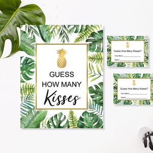 May include: A set of tropical-themed party game cards. The main card features a gold pineapple illustration and the text "Guess How Many Kisses". Smaller cards repeat the game prompt. Green and white foliage frames the cards.
